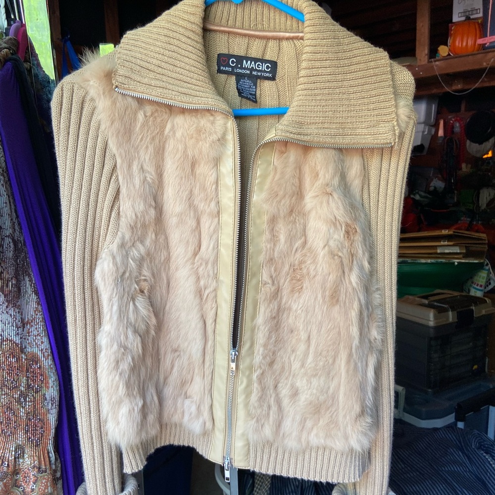 Ladies Fur Zippered Cardigan Sweater - Size L